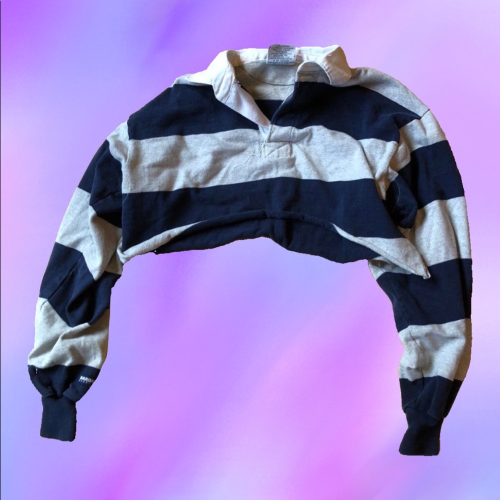 Blue and white striped cropped rugby shirt